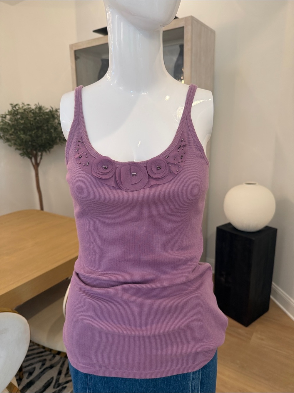 Sleeveless Lilac Ribbed Tank with Rosette Detail